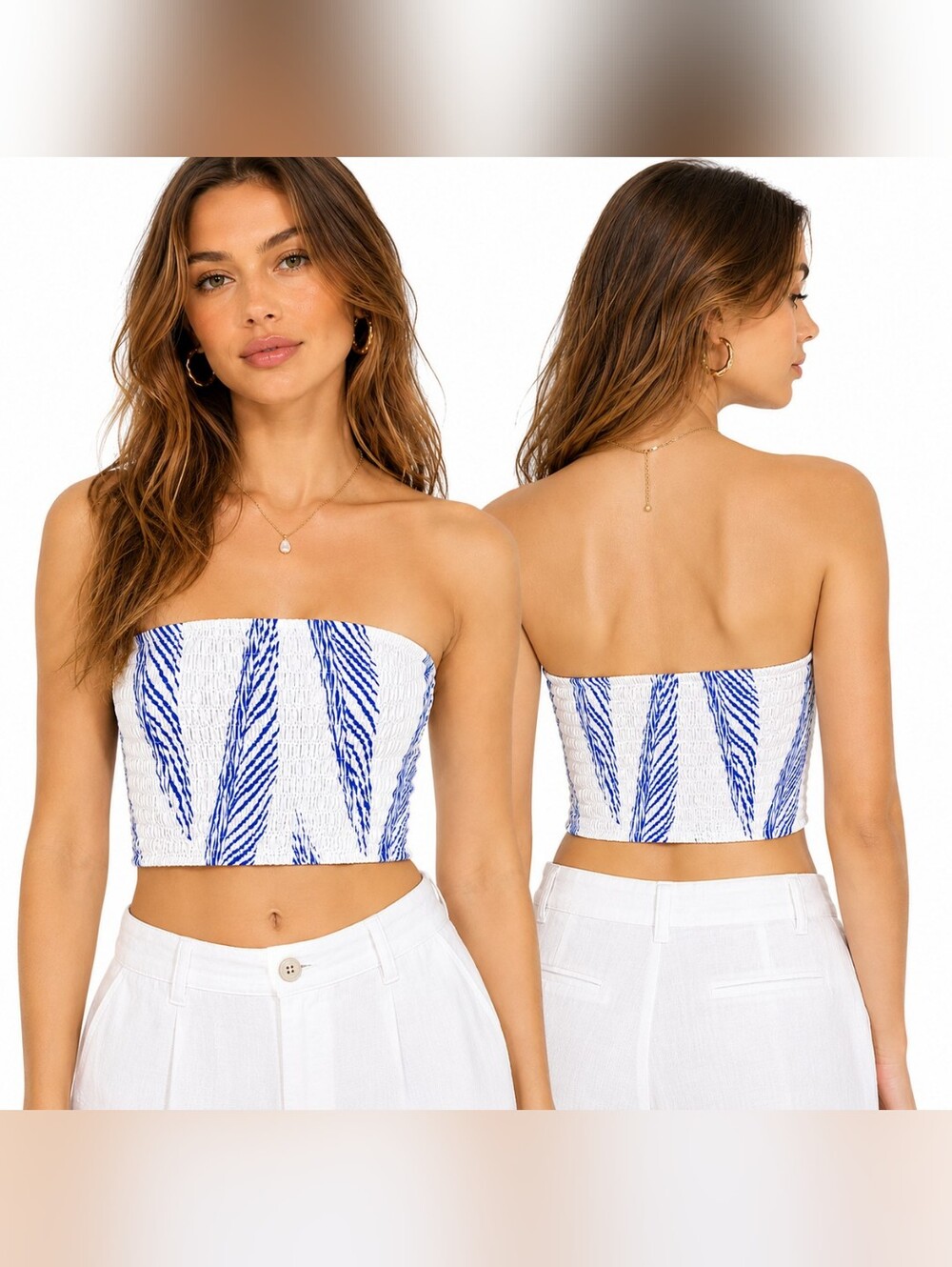 🍎 New Yozy Blue Feather Cropped Smocked Tube Top